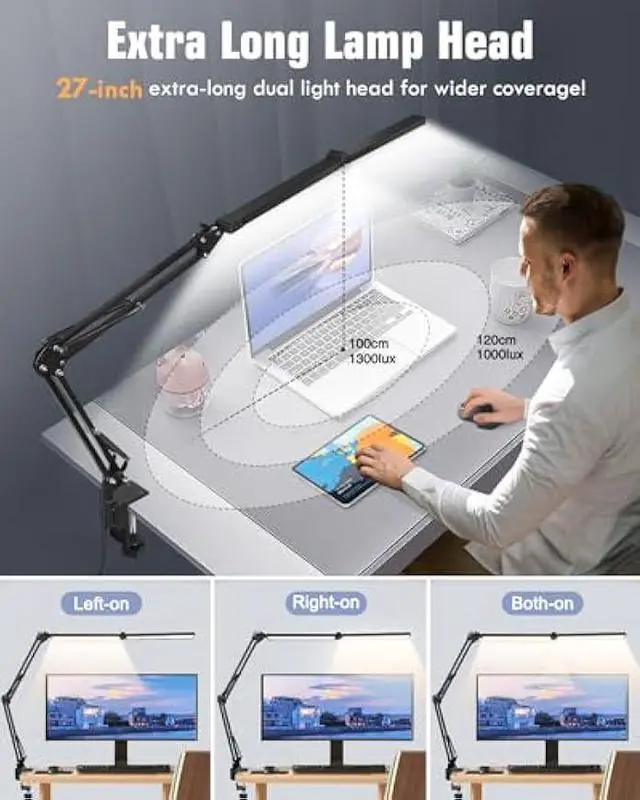 Alt view image 2 of 5 - Toolour LED Desk Lamps for Home Office 2 in 1 Double Head Desk Lamp with Clamp Base,Remote Control,Dimmable Architect Clip on Desktop Computer Light Bar with Memory for Workbench Darkroom