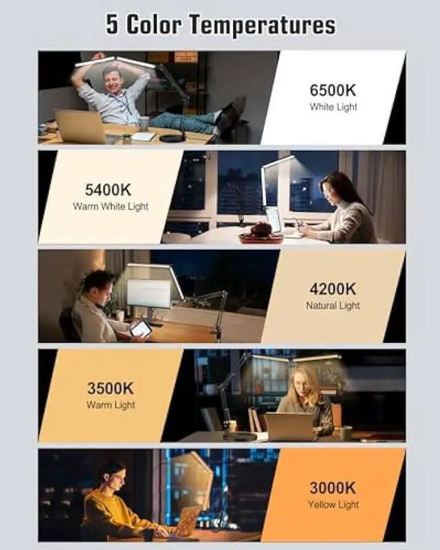 Alt view image 3 of 5 - Toolour LED Desk Lamps for Home Office 2 in 1 Double Head Desk Lamp with Clamp Base,Remote Control,Dimmable Architect Clip on Desktop Computer Light Bar with Memory for Workbench Darkroom