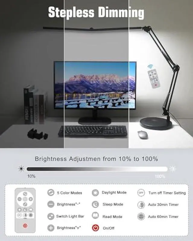 Alt view image 4 of 5 - Toolour LED Desk Lamps for Home Office 2 in 1 Double Head Desk Lamp with Clamp Base,Remote Control,Dimmable Architect Clip on Desktop Computer Light Bar with Memory for Workbench Darkroom