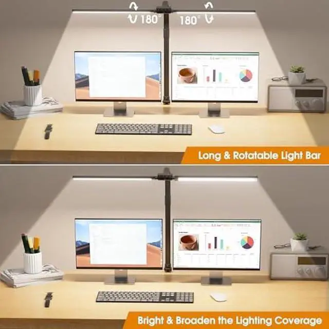 Alt view image 2 of 5 - LED Desk Lamp for Home Office - Eye-Caring Computer Desk Light with Clamp, Rotatable Computer Lighting with Color Changing, Dimmable Monitor Table Lamp with Gooseneck, Double Head, Black
