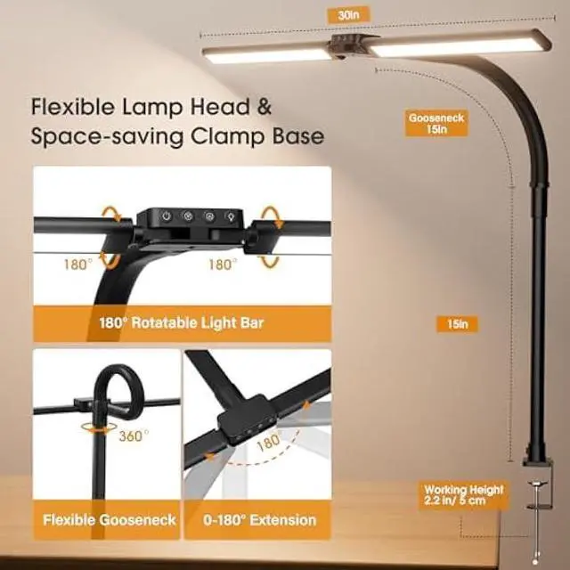 Alt view image 4 of 5 - LED Desk Lamp for Home Office - Eye-Caring Computer Desk Light with Clamp, Rotatable Computer Lighting with Color Changing, Dimmable Monitor Table Lamp with Gooseneck, Double Head, Black