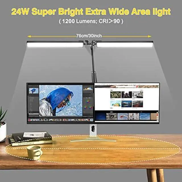 Alt view image 4 of 5 - 2-in-1 LED Double Head Desk Lamps for Home Office,24W Brightest Workbench Light,Eye-Care Architect Desk Lamp with Clamp Base,3 Colors 10 Dimming Swing Arm Computer Desktop Light for Reading/Study
