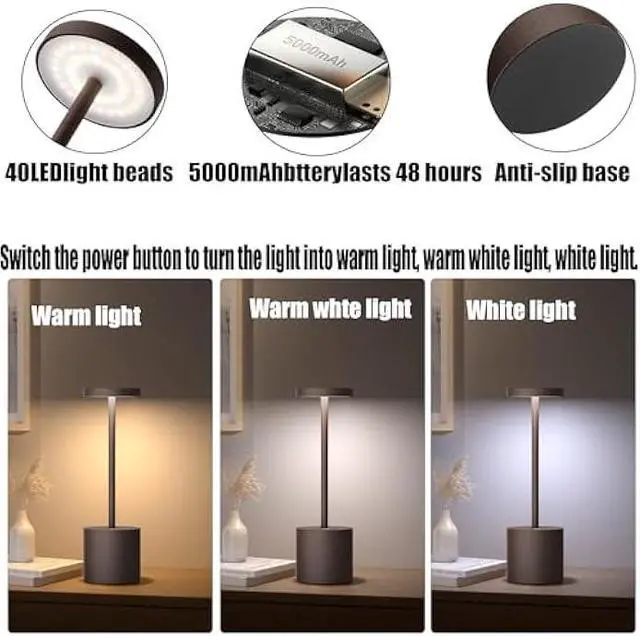 Alt view image 3 of 5 - 2Pack Cordless Table Lamp, Rechargeable LED Battery 5000mAh Metal USB Portable Powered Desk Lamp, 3 Levels Brightness Light for Restaurants Outdoor (2pack 10.25in ferrugino)