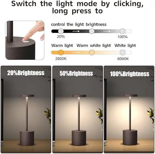 Alt view image 2 of 5 - 2Pack Cordless Table Lamp, Rechargeable LED Battery 5000mAh Metal USB Portable Powered Desk Lamp, 3 Levels Brightness Light for Restaurants Outdoor (2pack 10.25in ferrugino)