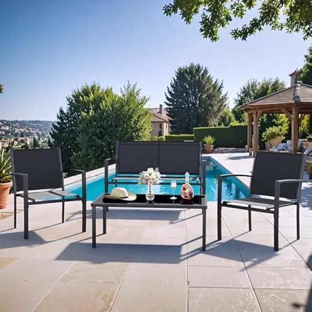 Alt view image 2 of 7 - Tuoze 4 Pieces Patio Furniture Set Outdoor Conversation Set with Glass Coffee Table Bistro Set with Loveseat Garden Yard Lawn and Balcony (Black)