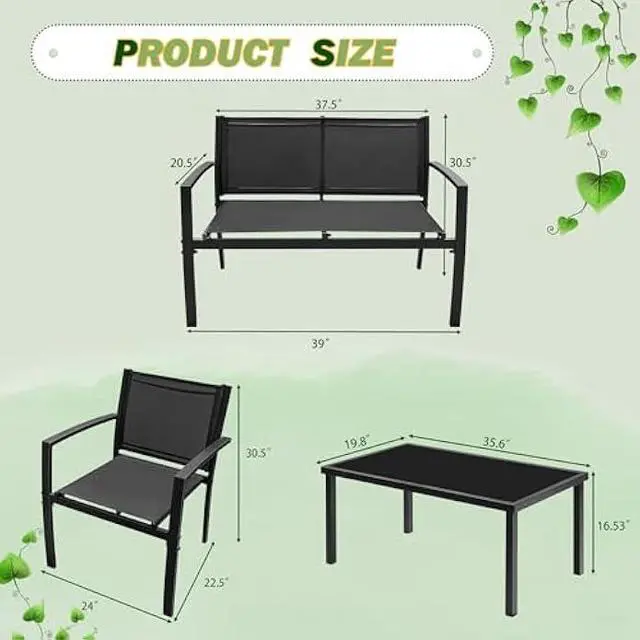 Alt view image 3 of 7 - Tuoze 4 Pieces Patio Furniture Set Outdoor Conversation Set with Glass Coffee Table Bistro Set with Loveseat Garden Yard Lawn and Balcony (Black)