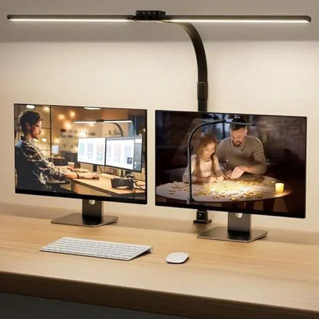 Main image of LED Desk Lamp for Home Office - Eye-Caring Computer Desk Light with Clamp, Rotatable Computer Lighting with Color Changing, Dimmable Monitor Table Lamp with Gooseneck, Double Head, Black