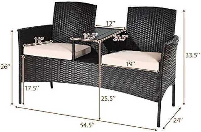 Alt view image 3 of 5 - Tangkula Outdoor Rattan Loveseat, Patio Conversation Set with Cushions & Table, Modern Patented Wicker Sofa Set with Built-in Coffee Table, Rattan Sofas for Garden Lawn Backyard