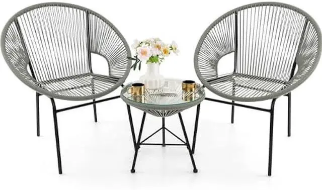 Main image of Tangkula 3 Piece Outdoor Patio Furniture Set, Acapulco Chair Set w/Plastic Rope, Tempered Glass Table, All Weather Patio Bistro Set for Patio, Lawn, Garden, Backyard (Grey)