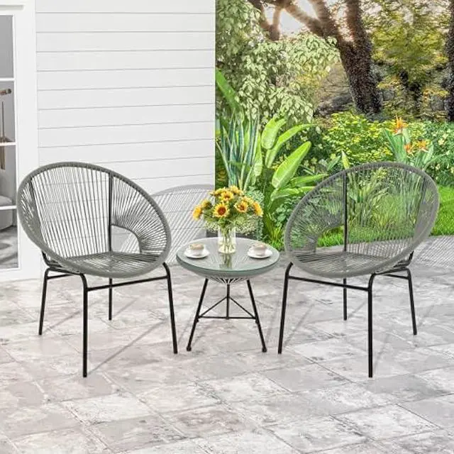 Alt view image 2 of 6 - Tangkula 3 Piece Outdoor Patio Furniture Set, Acapulco Chair Set w/Plastic Rope, Tempered Glass Table, All Weather Patio Bistro Set for Patio, Lawn, Garden, Backyard (Grey)
