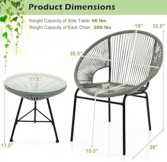 Alt view image 3 of 6 - Tangkula 3 Piece Outdoor Patio Furniture Set, Acapulco Chair Set w/Plastic Rope, Tempered Glass Table, All Weather Patio Bistro Set for Patio, Lawn, Garden, Backyard (Grey)