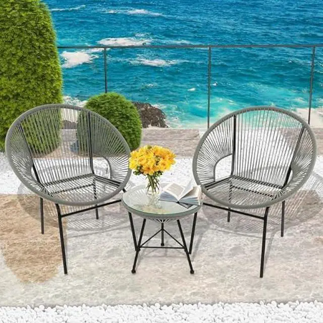 Alt view image 4 of 6 - Tangkula 3 Piece Outdoor Patio Furniture Set, Acapulco Chair Set w/Plastic Rope, Tempered Glass Table, All Weather Patio Bistro Set for Patio, Lawn, Garden, Backyard (Grey)