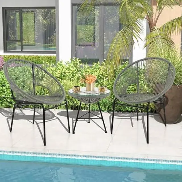 Alt view image 5 of 6 - Tangkula 3 Piece Outdoor Patio Furniture Set, Acapulco Chair Set w/Plastic Rope, Tempered Glass Table, All Weather Patio Bistro Set for Patio, Lawn, Garden, Backyard (Grey)