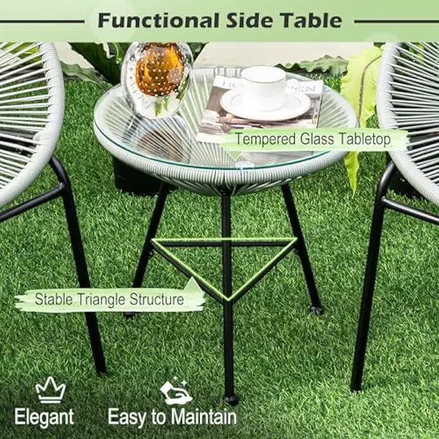 Alt view image 6 of 6 - Tangkula 3 Piece Outdoor Patio Furniture Set, Acapulco Chair Set w/Plastic Rope, Tempered Glass Table, All Weather Patio Bistro Set for Patio, Lawn, Garden, Backyard (Grey)
