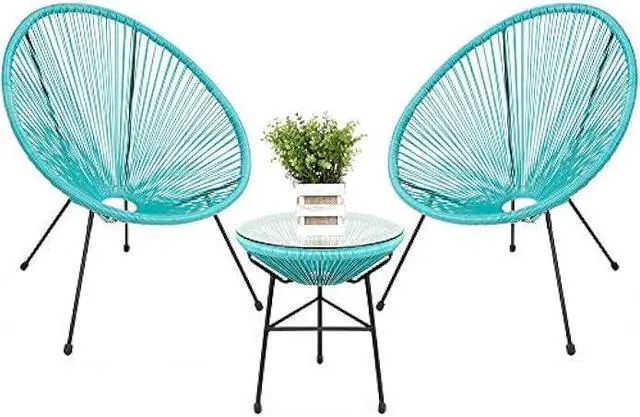 Main image of Best Choice Products 3-Piece Outdoor Acapulco All-Weather Patio Conversation Bistro Set w/Plastic Rope, Glass Top Table and 2 Chairs - Light Blue