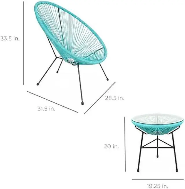 Alt view image 3 of 5 - Best Choice Products 3-Piece Outdoor Acapulco All-Weather Patio Conversation Bistro Set w/Plastic Rope, Glass Top Table and 2 Chairs - Light Blue