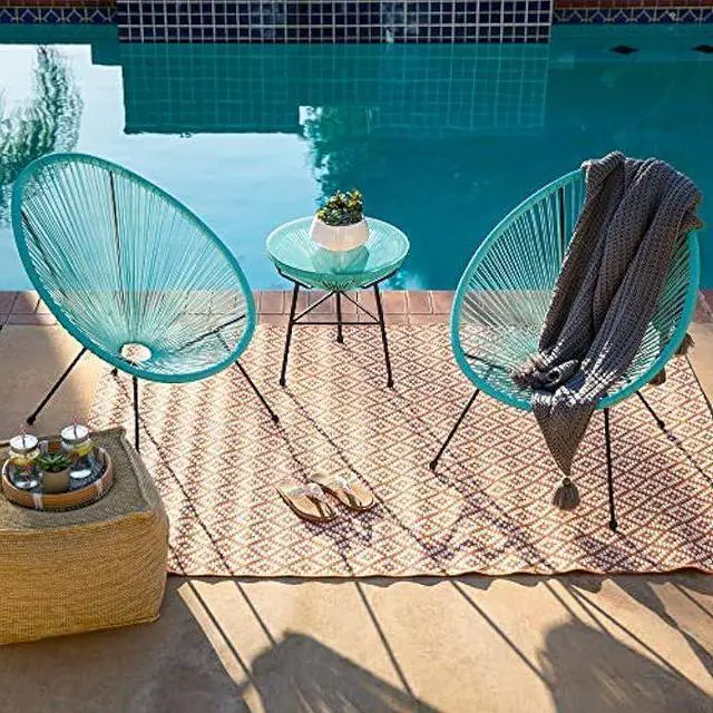 Alt view image 2 of 5 - Best Choice Products 3-Piece Outdoor Acapulco All-Weather Patio Conversation Bistro Set w/Plastic Rope, Glass Top Table and 2 Chairs - Light Blue