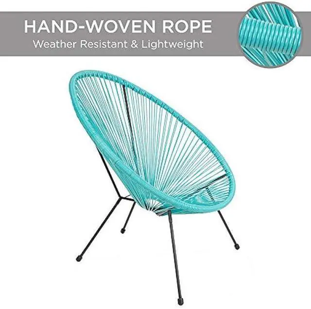 Alt view image 5 of 5 - Best Choice Products 3-Piece Outdoor Acapulco All-Weather Patio Conversation Bistro Set w/Plastic Rope, Glass Top Table and 2 Chairs - Light Blue