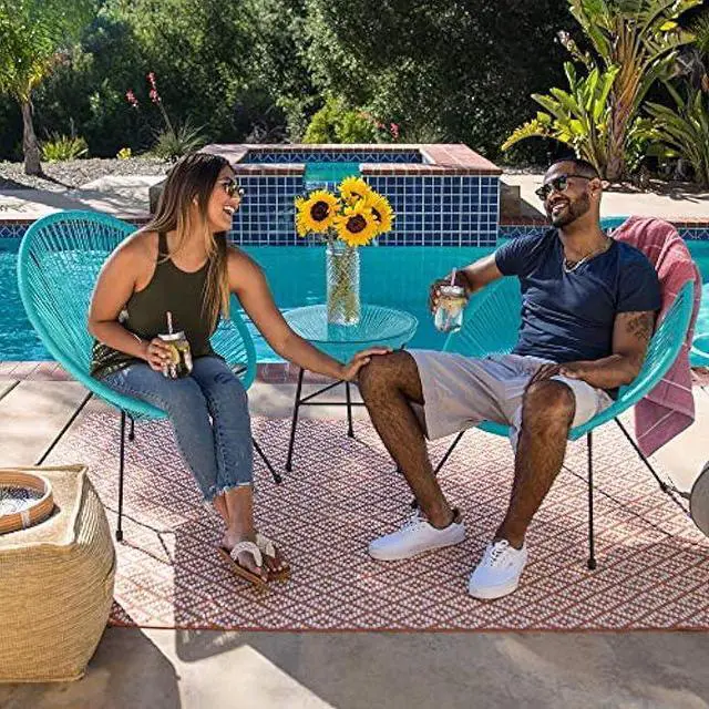 Alt view image 4 of 5 - Best Choice Products 3-Piece Outdoor Acapulco All-Weather Patio Conversation Bistro Set w/Plastic Rope, Glass Top Table and 2 Chairs - Light Blue