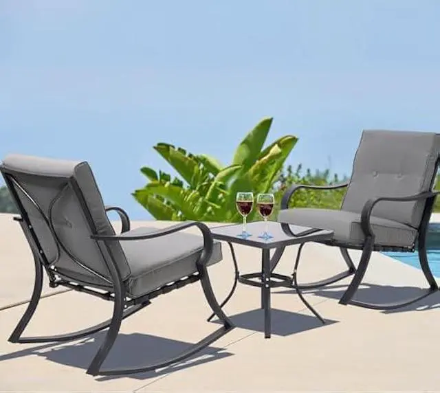 Alt view image 2 of 7 - Oakmont Outdoor Furniture 3 Piece Conversation Bistro Set Rocking Chairs and Glass Top Table, Thick Cushions, Black Steel (Grey)