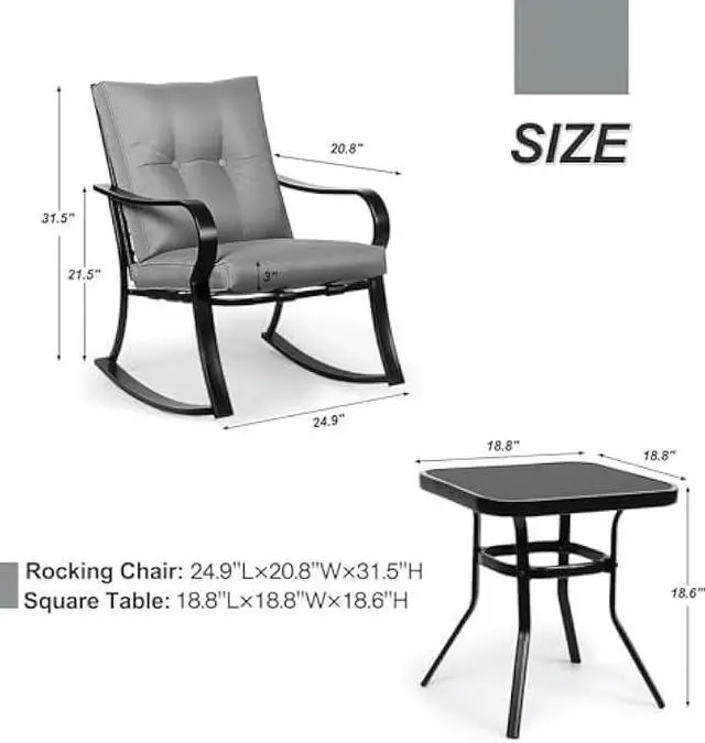 Alt view image 3 of 7 - Oakmont Outdoor Furniture 3 Piece Conversation Bistro Set Rocking Chairs and Glass Top Table, Thick Cushions, Black Steel (Grey)