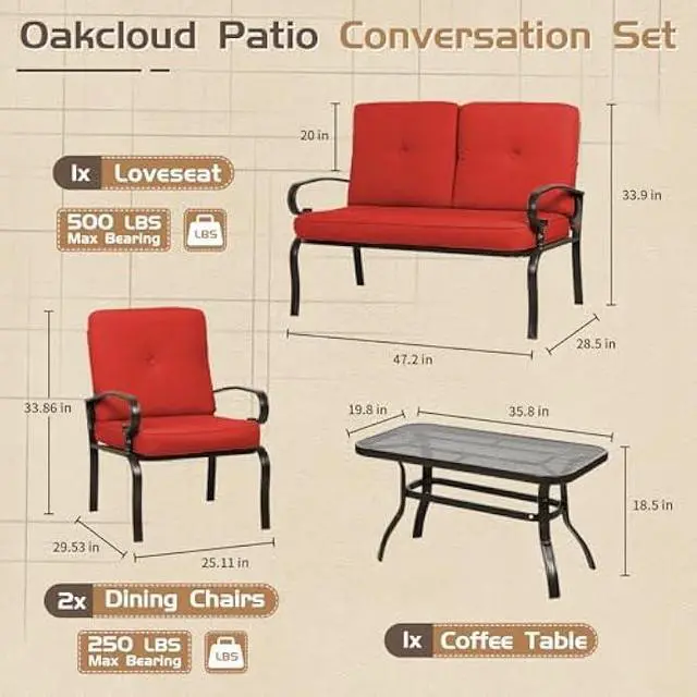 Alt view image 3 of 5 - Oakcloud 4Pcs Metal Outdoor Furniture Patio Conversation Set (Loveseat and Coffee Table, 2 Dining Chair) -Wrought Iron Patio Chair Set with Cushions (Red)
