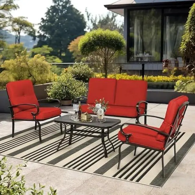 Alt view image 2 of 5 - Oakcloud 4Pcs Metal Outdoor Furniture Patio Conversation Set (Loveseat and Coffee Table, 2 Dining Chair) -Wrought Iron Patio Chair Set with Cushions (Red)