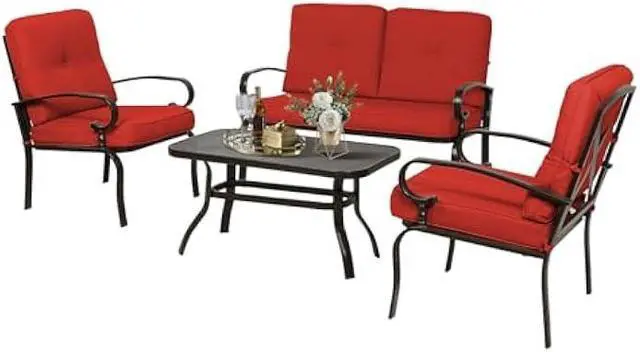 Main image of Oakcloud 4Pcs Metal Outdoor Furniture Patio Conversation Set (Loveseat and Coffee Table, 2 Dining Chair) -Wrought Iron Patio Chair Set with Cushions (Red)