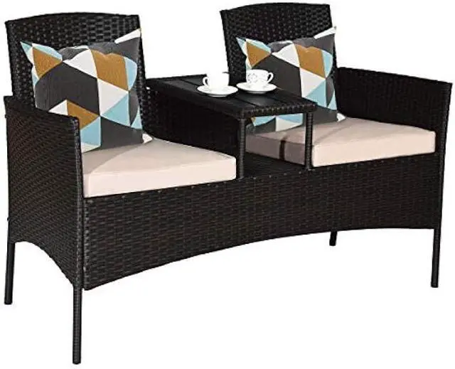 Main image of Tangkula Outdoor Rattan Loveseat, Patio Conversation Set with Cushions & Table, Modern Patented Wicker Sofa Set with Built-in Coffee Table, Rattan Sofas for Garden Lawn Backyard