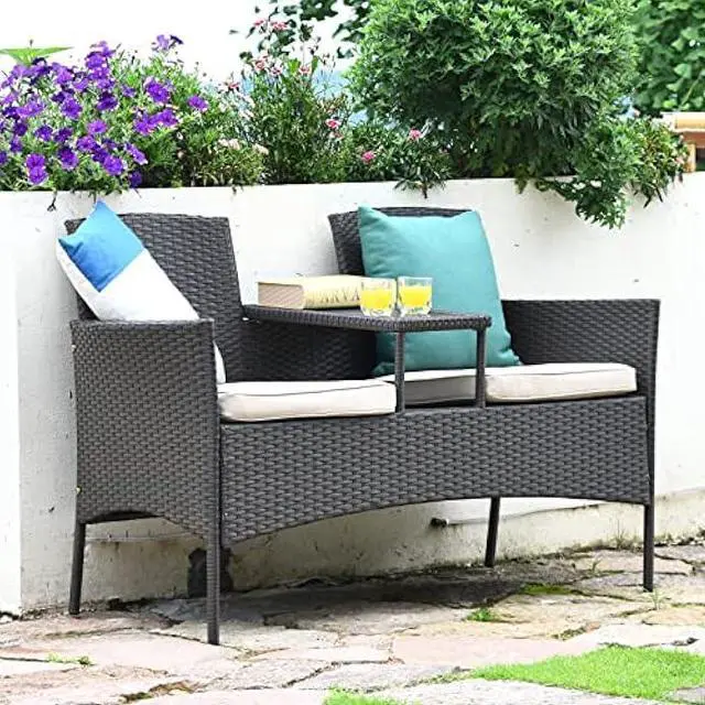 Alt view image 5 of 5 - Tangkula Outdoor Rattan Loveseat, Patio Conversation Set with Cushions & Table, Modern Patented Wicker Sofa Set with Built-in Coffee Table, Rattan Sofas for Garden Lawn Backyard