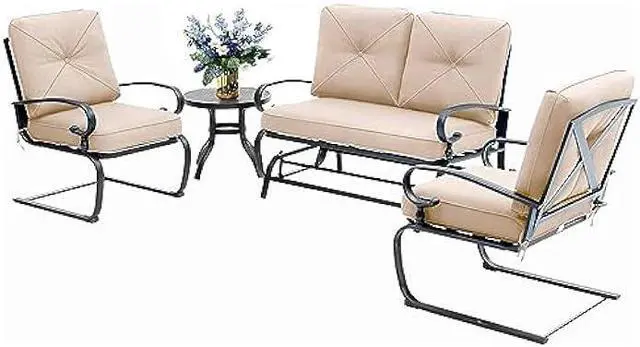 Main image of 4 Pieces Metal Outdoor Furniture Patio Conversation Set, Glider Chairs Set with Round Side Table, Spring Lounge Chair Sets Metal Frame Wrought Iron Look (Brown)