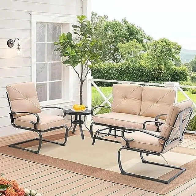 Alt view image 2 of 7 - 4 Pieces Metal Outdoor Furniture Patio Conversation Set, Glider Chairs Set with Round Side Table, Spring Lounge Chair Sets Metal Frame Wrought Iron Look (Brown)