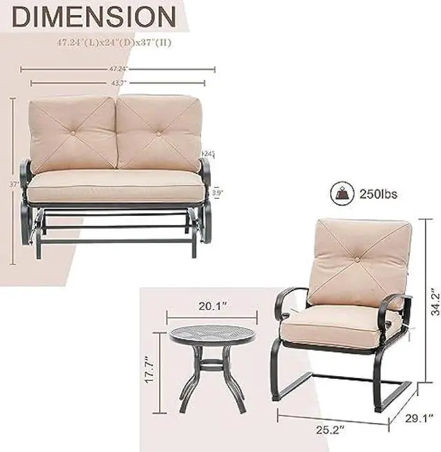 Alt view image 3 of 7 - 4 Pieces Metal Outdoor Furniture Patio Conversation Set, Glider Chairs Set with Round Side Table, Spring Lounge Chair Sets Metal Frame Wrought Iron Look (Brown)