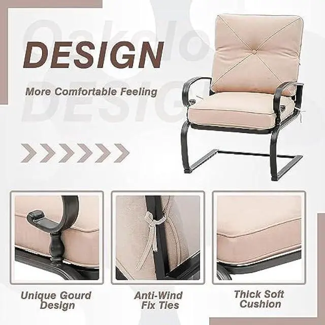 Alt view image 7 of 7 - 4 Pieces Metal Outdoor Furniture Patio Conversation Set, Glider Chairs Set with Round Side Table, Spring Lounge Chair Sets Metal Frame Wrought Iron Look (Brown)