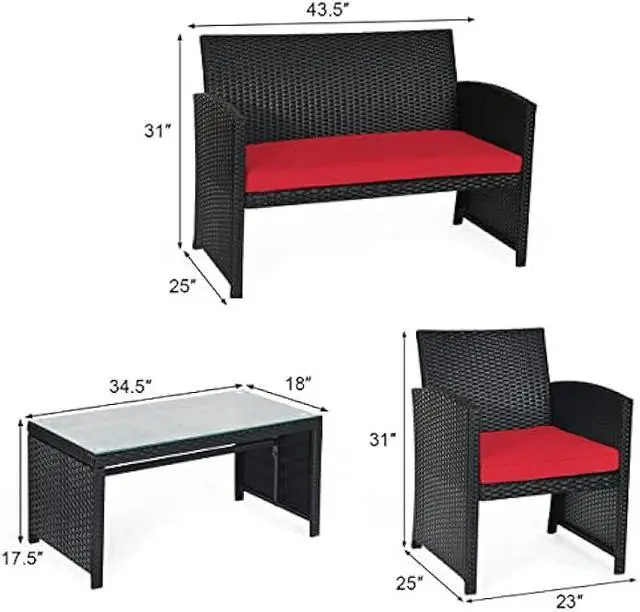 Alt view image 3 of 6 - KOTEK 4 Pieces Patio Furniture Set, Outdoor Rattan Wicker Patio Conversation Set, Outdoor Rattan Sofa and Table Set w/Cushions & Tempered Glass Tabletop for Garden, Lawn, Backyard (Red)