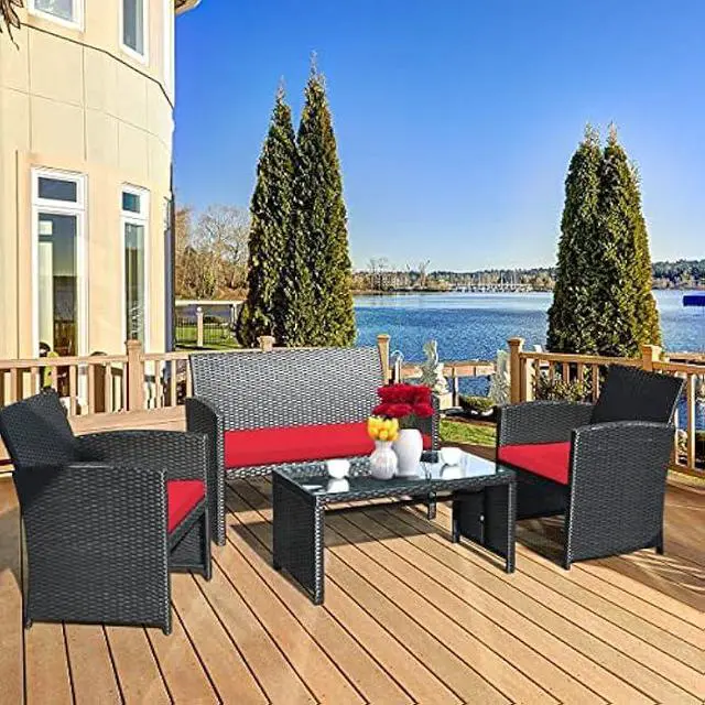 Alt view image 2 of 6 - KOTEK 4 Pieces Patio Furniture Set, Outdoor Rattan Wicker Patio Conversation Set, Outdoor Rattan Sofa and Table Set w/Cushions & Tempered Glass Tabletop for Garden, Lawn, Backyard (Red)