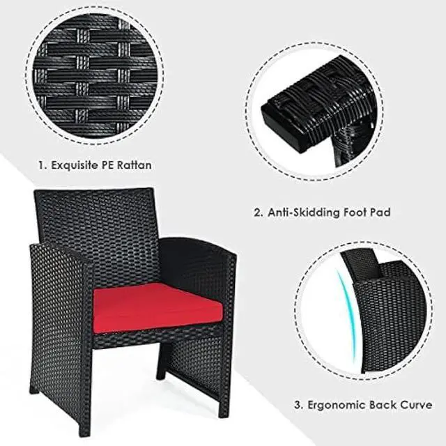 Alt view image 5 of 6 - KOTEK 4 Pieces Patio Furniture Set, Outdoor Rattan Wicker Patio Conversation Set, Outdoor Rattan Sofa and Table Set w/Cushions & Tempered Glass Tabletop for Garden, Lawn, Backyard (Red)