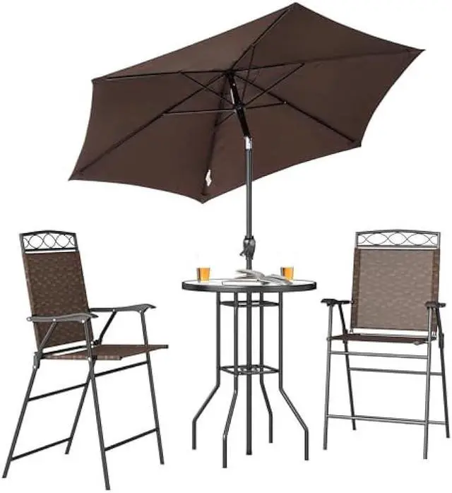 Main image of Outsunny 4 Piece Outdoor Bar Set with Umbrella, Patio Dining Set with 2 Folding Chairs, Wave Textured Tempered Glass Table for Backyard, Garden, Deck, Poolside, Brown