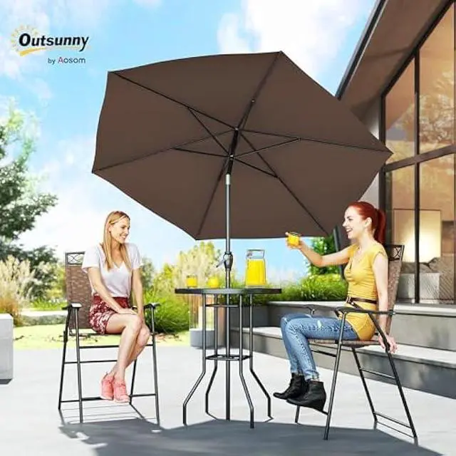 Alt view image 2 of 5 - Outsunny 4 Piece Outdoor Bar Set with Umbrella, Patio Dining Set with 2 Folding Chairs, Wave Textured Tempered Glass Table for Backyard, Garden, Deck, Poolside, Brown