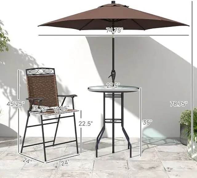 Alt view image 3 of 5 - Outsunny 4 Piece Outdoor Bar Set with Umbrella, Patio Dining Set with 2 Folding Chairs, Wave Textured Tempered Glass Table for Backyard, Garden, Deck, Poolside, Brown
