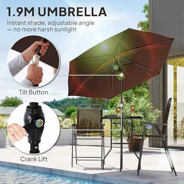 Alt view image 4 of 5 - Outsunny 4 Piece Outdoor Bar Set with Umbrella, Patio Dining Set with 2 Folding Chairs, Wave Textured Tempered Glass Table for Backyard, Garden, Deck, Poolside, Brown