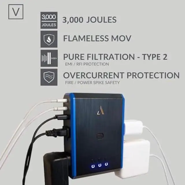 Alt view image 3 of 5 - Austere V Series, Wall Power 4 Outlet Surge Protector, 3000 Joules, EMI/RFI Filtering, 1 USB-C 20W Fast Charger, 1 USB-C 2.4 amps, 1 USB-A 2.4 amps, Overcurrent Protection, 5 Year Component Guarantee