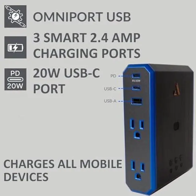Alt view image 4 of 5 - Austere V Series, Wall Power 4 Outlet Surge Protector, 3000 Joules, EMI/RFI Filtering, 1 USB-C 20W Fast Charger, 1 USB-C 2.4 amps, 1 USB-A 2.4 amps, Overcurrent Protection, 5 Year Component Guarantee