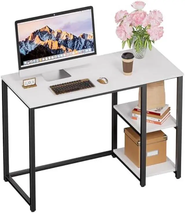 Main image of SINPAID 40IN Computer Desk with Shelves, Cream White Sturdy Small Desk for Bedroom, Modern Gaming Table, Office Furniture