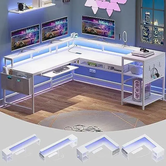 Main image of SEDETA L Shaped Gaming Desk, Reversible Computer Desk, Gaming Desk with Power Outlets & LED Strip, Monitor Shelf, Keyboard Tray, Pegboard and Storage Shelves for Home Office, White