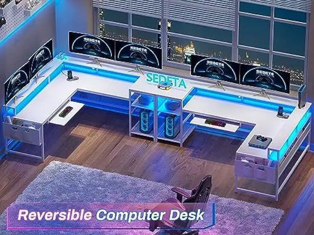 Alt view image 3 of 5 - SEDETA L Shaped Gaming Desk, Reversible Computer Desk, Gaming Desk with Power Outlets & LED Strip, Monitor Shelf, Keyboard Tray, Pegboard and Storage Shelves for Home Office, White