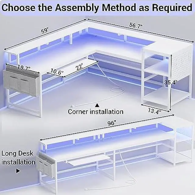 Alt view image 2 of 5 - SEDETA L Shaped Gaming Desk, Reversible Computer Desk, Gaming Desk with Power Outlets & LED Strip, Monitor Shelf, Keyboard Tray, Pegboard and Storage Shelves for Home Office, White
