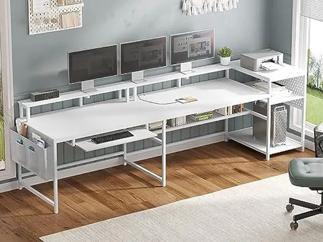 Alt view image 4 of 5 - SEDETA L Shaped Gaming Desk, Reversible Computer Desk, Gaming Desk with Power Outlets & LED Strip, Monitor Shelf, Keyboard Tray, Pegboard and Storage Shelves for Home Office, White