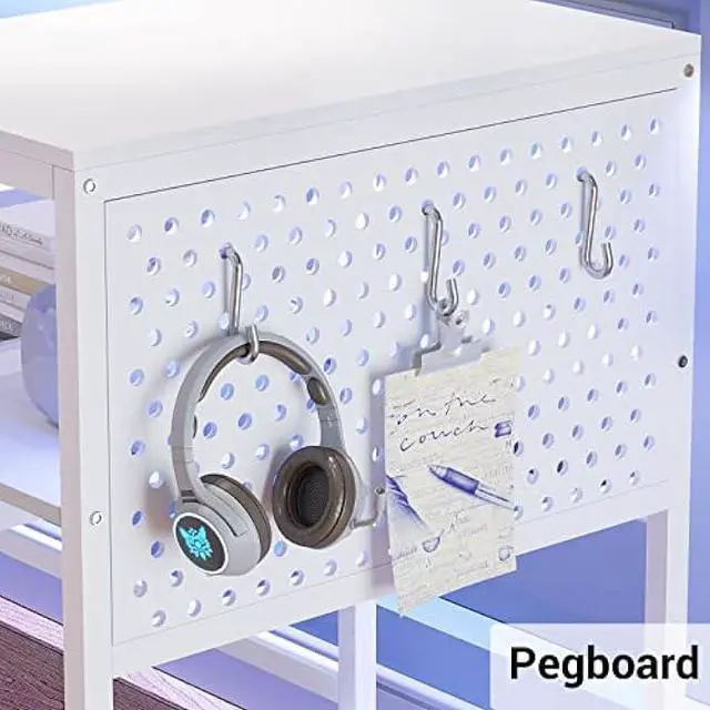 Alt view image 5 of 5 - SEDETA L Shaped Gaming Desk, Reversible Computer Desk, Gaming Desk with Power Outlets & LED Strip, Monitor Shelf, Keyboard Tray, Pegboard and Storage Shelves for Home Office, White