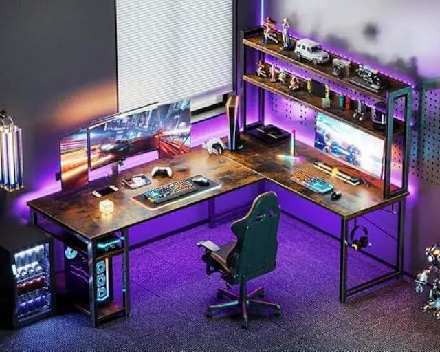Alt view image 2 of 5 - ODK L Shaped Gaming Desk with Hutch, Computer Desk with Storage Shelves, 66 L Shaped Desk for Home Office, Corner Desk with Headphone Hook, Vintage